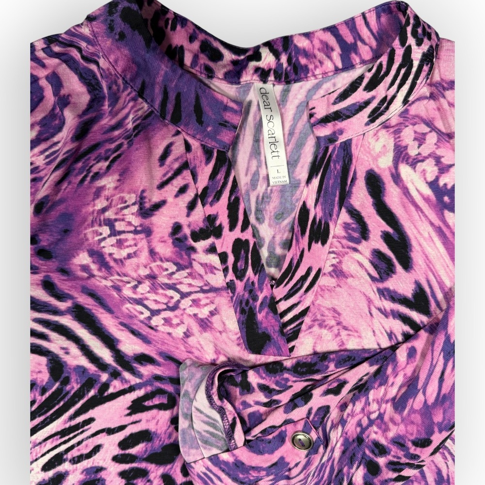 Dear Scarlett Lizzy Purple Pink Animal Print V-Neck Blouse Top Large tab slinky - Picture 2 of 8